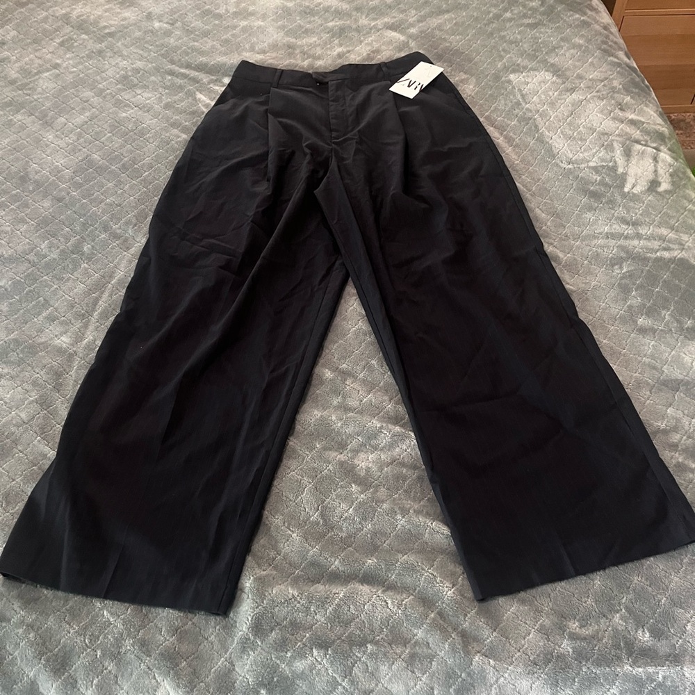NWT Zara Navy Blue Pinstripe Wide‎ Leg Dress Pants L